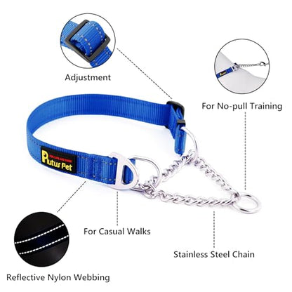 Plutus Pet Martingale Dog Collar with Stainless Steel Chain and Reflective Nylon, Adjustable No Pull Training Collar, for Small Medium, and Large Dogs, Royal Blue, S - color: Royal Blue, size: Small