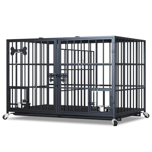 Dosker 48/42 inch XL Dog Crate for Large Dog/Double Medium Dogs,Heavy Duty Metal Dog Cages,All Metal Open Top Stackable,Dog Kennel Indoor with Wheels,Floor Grid, Tray, Divider and Feeding Bowl - color: Black, size: 48"inch