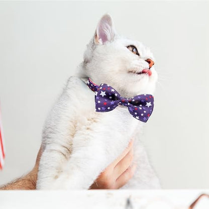 4th of July Cat Bow Tie Collar with Bell, Independence American Holiday Kitty Kitten Patriotic USA Flag Collars for Boys Girls Male Female Cats - color: Pattern 2