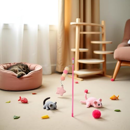 Cat Teaser Wand Toy with Plush Ball, Pink Elastic Rope, Star Pendant, Handmade Interactive Kitten Mice and Animals Toy
