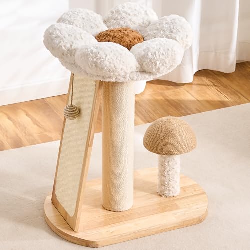 HITTITE Solid Wood Cat Tree Tower, Cat Scratching Post with Bed, 27" Small Flower Cat Tree, Compact Cat Tower with Scratching Pad and Cat Bed, Mushroom Modern Cat Tower for Indoor Cats Large Adult. - color: Flower Cat Bed