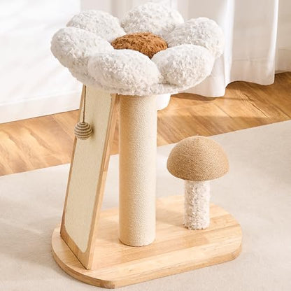 HITTITE Solid Wood Cat Tree Tower, Cat Scratching Post with Bed, 27" Small Flower Cat Tree, Compact Cat Tower with Scratching Pad and Cat Bed, Mushroom Modern Cat Tower for Indoor Cats Large Adult. - color: Flower Cat Bed