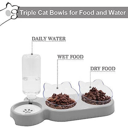 Triple Cat Bowls with Water Dispenser, Pet Whisker Friendly Water and Food Bowl Set with Non-Slip Mat, 15° Tilted Double Feeding Bowls, Elevated Wet and Dry Food Dish for Kitten&Small Dog (Grey) - color: Grey