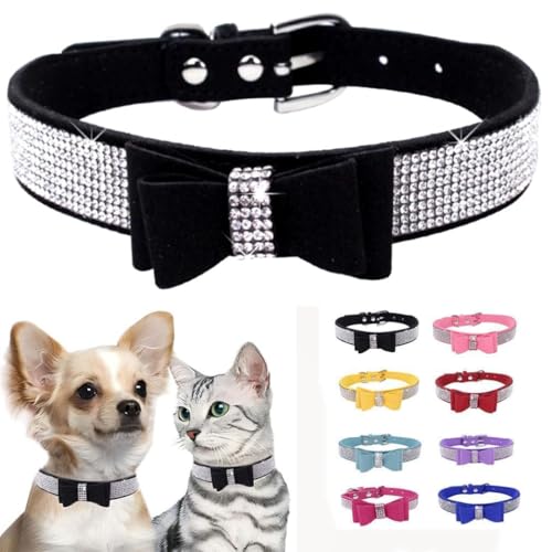 Rhinestone Dog Collar, Cute Dazzling Sparkling Soft Suede Leather Adjustable Pet Dog Cat Collar Crystal Diamond for Puppy Small Medium Large Dogs (XS:21-26cm, Black -1) - color: Black -1, size: XS:21 - 26cm