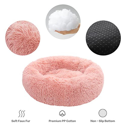 Calming Donut Dog Bed for Small to Medium Dogs & Cats - Plush Faux Fur Anti-Anxiety Pet Bed with Machine Washable Cover & Non-Slip Base - color: Pink, size: Small 19.6''
