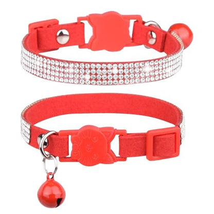 Soft Velvet Cat Collars, Breakaway Rhinestone Cats Collars with Bell Adjustable Pet Collar for Kitten Puppy Small Dogs and Cats(XS,red) - color: red, size: XS