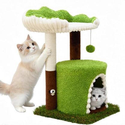 Woochpet Multi-Level Cat Tree with Sisal Scratching Post, Small Cat Tower with Cozy Condo, Soft Top Perch and Interactive Toy Mouse, Cute Forest Design Cat Furniture for Indoor Cats and Kittens