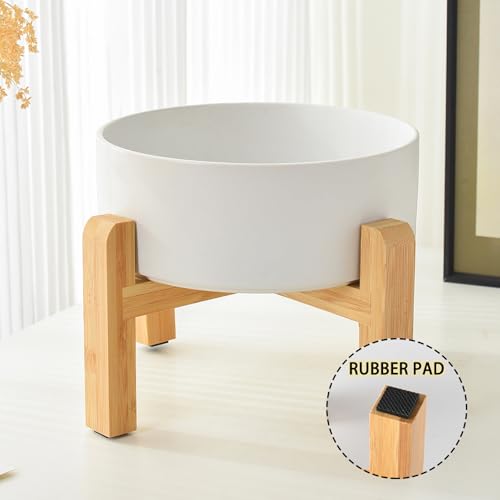 8'' Ceramic Raised Dog Bowl - 70Oz Dog Food & Water Bowl with Elevated Non-Slip Bamboo Stand, Dishwasher & Microwave Safe, Anti Vomiting Heavy Duty Pet Bowl for Medium and Large Dogs, White - color: 1 x Bowl + Stand - White, size: 8 inch