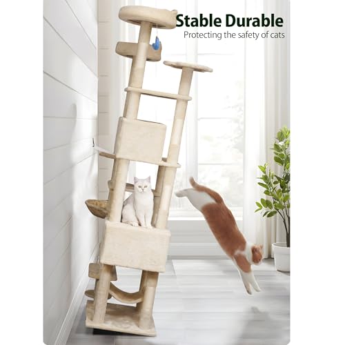 Meecal 79inch Heavy Duty Cat Tree for Indoor Cats Large Adult, Tall Giant Cat Tower with Scratching Post, Large Perches, Cozy Cat Condos & Hanging Hammocks, Beige - color: Beige