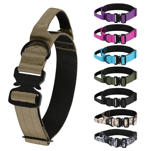 Tactical Thick Dog Collar, Adjustable Training Nylon Dog Collar, Heavy Duty Metal Buckle & Control Handle for Small Medium Large Dogs (M, Khaki) - color: Khaki, size: M