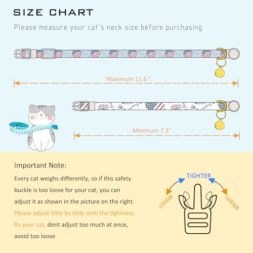 Faygarsle 2 Pack Patriotic American Flag Dog Collar Pattern Cat Collars Breakaway Safety Collar with Bell Spring Summer Design for Girl Cats, Red White Blue - color: Blue & White Flag