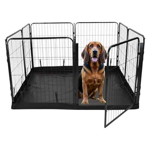 Dog Playpen w/Square Bottom Floor Cover - 32 inch, 8 Panel Portable Black Metal Pet Play Pen for Small & Medium Dogs - Indoor/Outdoor Kennel Cage for Home, Yard, RV, or Camping - size: 32 Inch