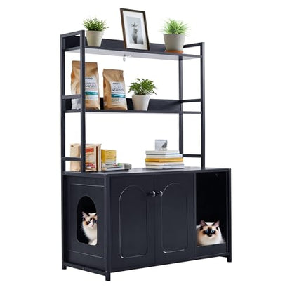 Garvee Cat Litter Box Enclosure with Shelves, 52'' Large Hidden Cats Furniture for Most Litter Box, Wood Enclosed Dog Proof Cat Kitty Cabinet with Scratch Mat Black - color: Black-1
