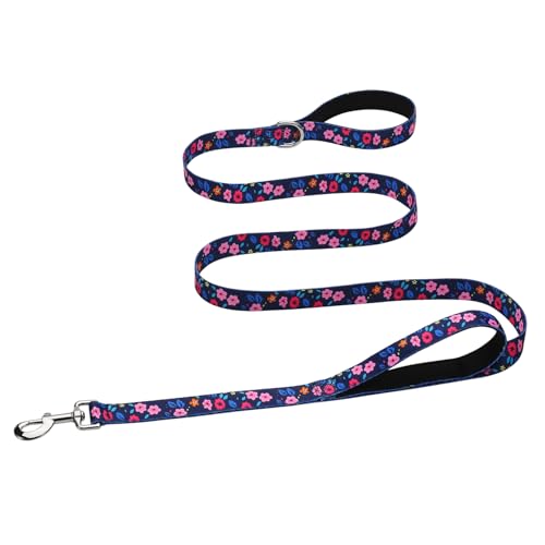 Hikiko 4 Ft Double Handle Dog Leash for Small Medium Large Dogs, Padded Traffic Handles Lead for Walking Training (Navy Blue Floral) - color: Navy Blue, size: 1 in x 4 ft