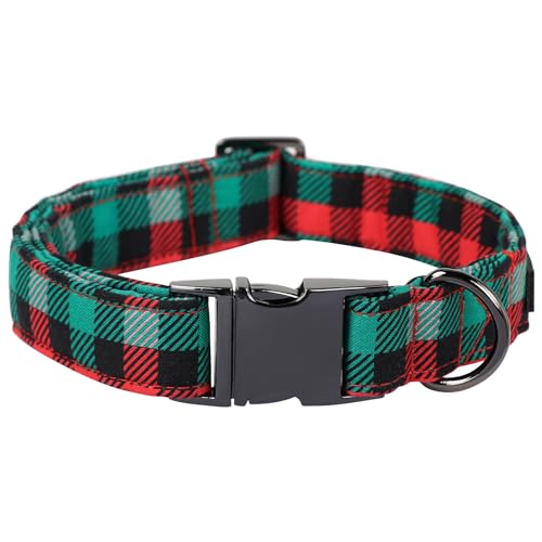 Maca Bates Christmas Green and Red Plaid Dog Collar for Small Girl Boy Dogs,Checkered Pattern, Grid Cotton Soft Adjustable Durable Collars Winter for Male Female Puppy - color: Christmas-redgreen twill, size: S