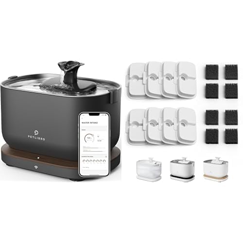 Bundle of PETLIBRO App Cat Water Fountain, 2.5L/84oz Dockstream Pet Fountain for Cats Inside with 2.4GHz Wi-Fi + PETLIBRO 8 Pack Replacement Filters for Dockstream Cat Water Fountain - color: Black, size: Fountain+8 Filters