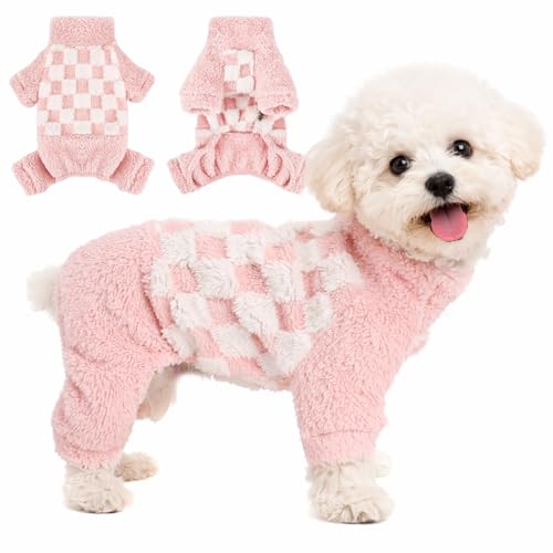 Turtleneck Dog Pajamas for Small Dogs Girl Boy, Warm Soft Stretchy 4 Legged Puppy Onesies, Fleece Winter for Chihuahua Yorkie Teacup Dogs (Pink Square,S) - color: Pink Plaid, size: Small (Chest 15in)