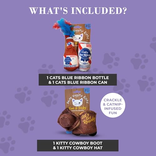 Haute Diggity Kitty Cats Blue Ribbon + Kitty Cowboy Set, Plush Cat Toys Catnip Filled with Interactive Crackle Sound, Safe & Durable Toys for Cat & Kitten, 4 Pcs - style: Cats Blue Ribbon + Kitty Cowboy