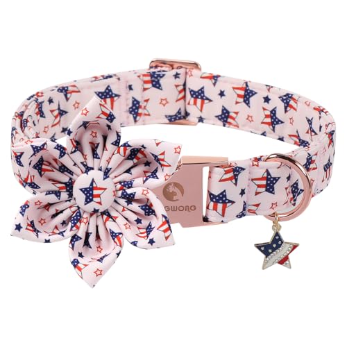 4th of July Independence Day Dog Collars with Flower, Pink Blue American Flag Star Dog Collar, DOGWONG Pink Girl American Flag Dog Collars for Small Dogs,S - color: B:Star Flag, size: S