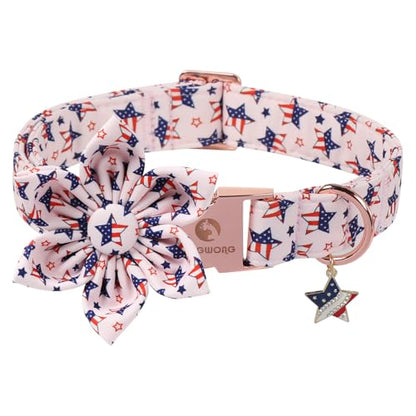 4th of July Independence Day Dog Collars with Flower, Pink Blue American Flag Star Dog Collar, DOGWONG Pink Girl American Flag Dog Collars for Small Dogs,S - color: B:Star Flag, size: S