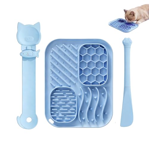 AZY 3-Piece Slow Feeder Cat Bowl and Lick Mat Set – Silicone Cat Treat Spoon & Feeding Mat for Wet Food, Enrichment and Slow Eating (Blue) - color: blue