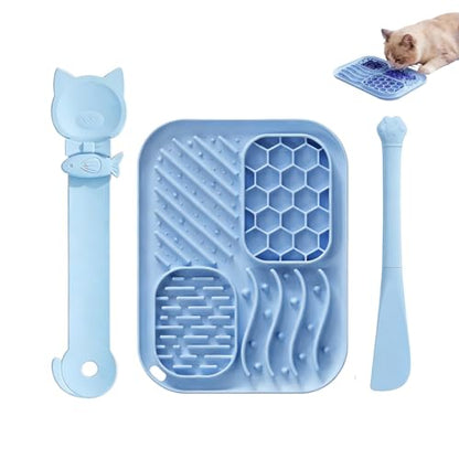 AZY 3-Piece Slow Feeder Cat Bowl and Lick Mat Set – Silicone Cat Treat Spoon & Feeding Mat for Wet Food, Enrichment and Slow Eating (Blue) - color: blue