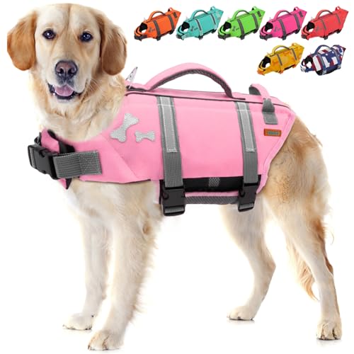 EMUST Dog Life Vests, Adjustable XS Dog Life Jacket with Rescue Handle, Puppy Flotation Vest for Small/Medium/Large Dogs, SakuraPink, XS - color: Sakura Pink, size: XS