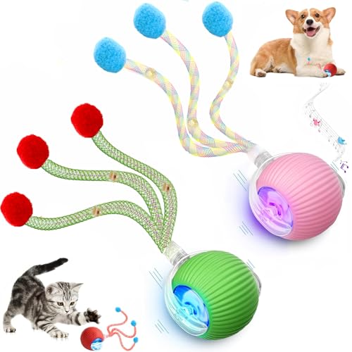 2 Packs Speed 2.0 Tail Interactive Cat Toys for Indoor Cats, Chirping & Motion Activate Cat Toy, Smart Kitten Rolling Ball Moving Ball Toys,Rechargeable Dog Cat Bal l for Enrichment Exercise (New P+G) - color: New Pink+Green