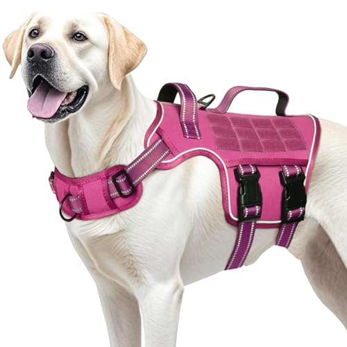 Dog Harness for Large Dogs Heavy Duty, No Pull Tactical Dog Harness with Molle System, Easy On and Off Service Dog Vest, Breathable Padded, Adjustable Reflective Pet Vest for Walking Hiking Training - color: Pink, size: L(Neck:18-24",Chest:25-36"),45-80 l