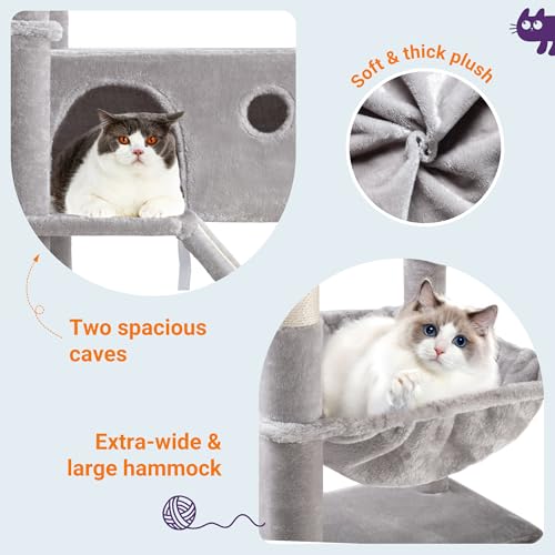 Allewie 81 Inches Tall Cat Tree/Multi-Level Large Climbing Tree House and Towers for Big Feline/Condo and Hammock/Scratching Post/Wide Base/Grey - color: Grey