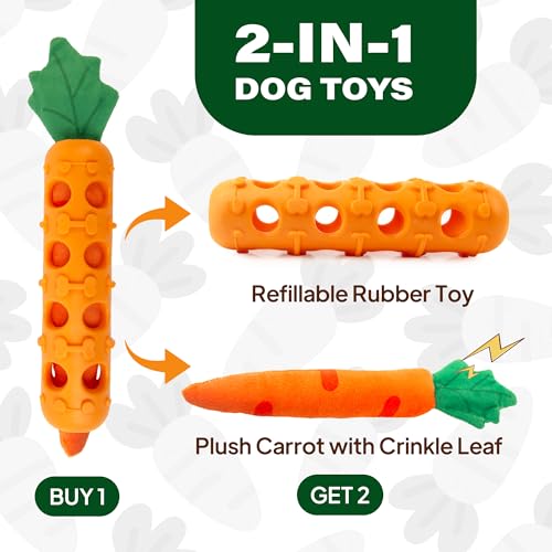 Fida 2-in-1 Puppy Teething Toys, Natural Rubber Chew Toys for Dogs to Keep Them Busy & Plush Toys with Crinkle Leaves, Interactive Dog Toys for Small Medium Breeds and Puppies.(Carrot) - color: Orange Carrot