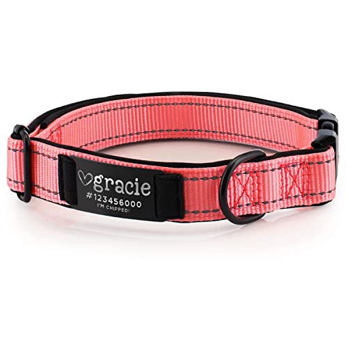 Improved - Personalized Dog Collars w/Engraved Metal ID Nameplate for Name & 3 Lines Text - Custom 20 Icons, 4 Adjustable Sizes, 10 Fonts, Dog Collar for Dogs, Dog ID Tag Personalized, Light Pink - color: Light Pink