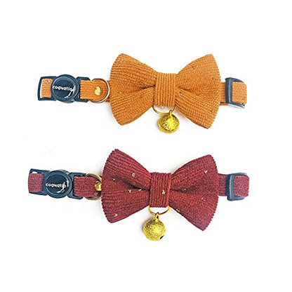 Safety Quick Release Cat Collars, Soft Kitten Collars with Detachable Bow Tie and Bell, Pack of 2, Adjustable 20-30 cm - color: Ochre+Wine Red