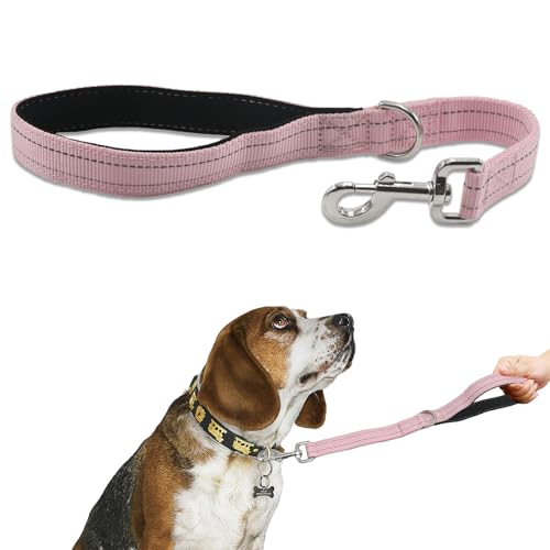Thick Dual Padded Handle for Dog Training Control, 18 Inches Traffic Dog Leash Short with Reflective Stitching, Heavy Duty Short Hand for Small to Strong Sized Dogs Training Leash Pink 1.5FT - color: Pink, size: 18"