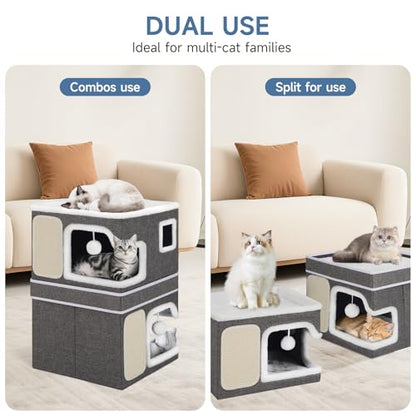 Double Cat Beds for Indoor Cats, 2-Storey Cat House with Large Cozy Hideaways, Dual Purpose Cat Cave Cube with Scratch Pads, Hanging Balls, Foldable Indoor Cat Houses for Multi Cats Kittens Small Pets - size: Double
