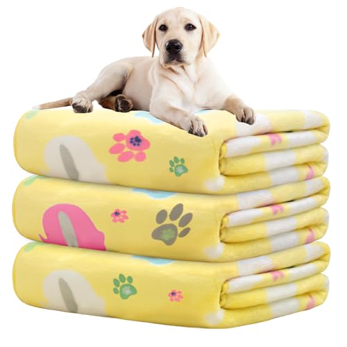 Rezutan 1 Pack 3 Dog Blanket for Large Dogs,41x31 inch for Medium Soft Fluffy Washable Pet Cat Blankets,Reversible Elephant & Paw Print for Dog Kennels & Beds, Sofas,Yellow - color: 3pack Yellow, size: Large,41x31inch