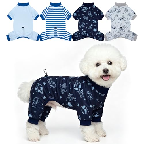 XPUDAC 4 Pack Dog Pajamas, Soft Puppy Clothes with Drawstring Adjustable Stretchy Dogs Onesie for Small Medium Doggie Shed Defender Dog Suit Pet Outfit Boy, M - size: Medium(Chest:14.3~16")