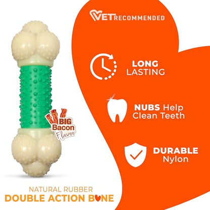 Nylabone Double Action Bone Power Chew Toy for Dogs, Dog Toys for Aggressive Chewers, Bacon Flavor, X-Large - 50+ lbs, 1 Count - size: X-Large