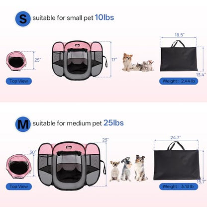 Dog Cat Playpen,Portable Foldable Tent- Pet Outdoor Exercise Crate Cage for Medium Dogs,Travel Camping Use for Small Animals with Carrying Case,Indoor Kennel for Sleeping(Pink,M) - size: Medium