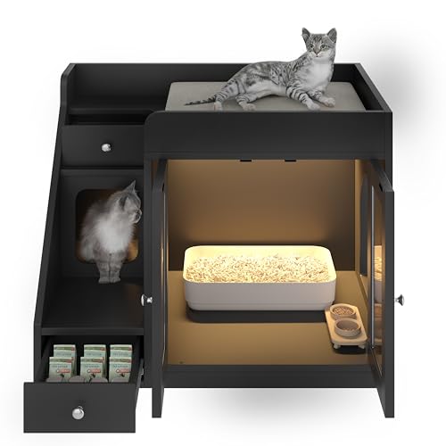 Merax Cat Litter Box Enclosure Furniture with Light,Hideaway Litter Box Furniture with 2 Storage Drawers for Living Room,Black - color: Black