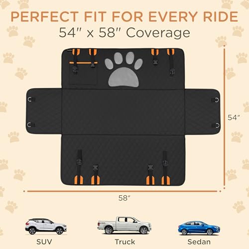 Pet Seat Cover for Back Seat – Waterproof Backseat Cover for Dogs in Car with Mesh Window, Oxford Fabric, Storage Pocket, Side Flaps & Carry Handles