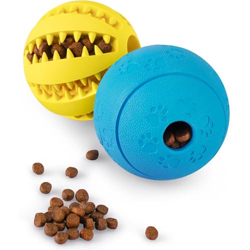 HIPPIH Dog Puzzle Toys 2 Pack, Dog Enrichment Toys for Large Dogs & Small Dogs, Puppy Balls for Treat Dispensing, Durable Balls for Teeth Cleaning/IQ Training/Chewing - color: blue+yellow, size: 3.14inch+2.75inch