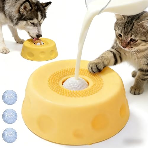 Slow Feeder Dog Lick Bowl with Rolling Ball,Anti-Slip Silicone Puzzle Feeder for Liquid Treats,Bone Broth,Yogurt,Wet Food,Anxiety Relief Enrichment Lick Toy for Large Medium Small Dogs & Cats (Yellow) - color: Yellow