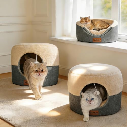 2 Pack Cat Bed for Indoor Cats - Foldable Cat House & Lounge for Kittens and Small Pets with Reversible Cushioned Pillow, Calming Anti-Anxiety Pet House, Soft Plush & Anti-Slip, Set of 2* 15.7 Inch - color: Oxford Grey/Khaki, size: S-2Pack:15.7"Lx15.7"Wx1