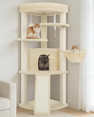 Gitelsnour Corner Cat Tree for Indoor Cats, Cat Tower with All Sisal Scratching Posts, Multi-Level Cat Condo wth Cat Cave, Large Top Perch, Hanging Basket, Sisal Scratching Ramp, Beige GCT025M - color: Beige
