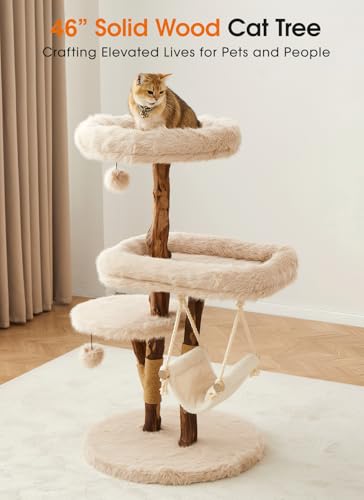 Letkind Modern Cat Tree Tower for Large Indoor Cats, Perches-Natural Solid Wood Cat Tower with Sisal Scratching Post, Perches, Hammock & PlayBalls, Aesthetic Boho Cat Furniture - size: 46" Wood Cat tree