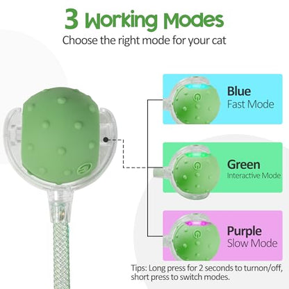 Interactive Cat Toys Ball for Indoor Cats, Automatic Moving Ball Toy with Elastic Mesh Tail, Chirping & Obstacle Avoidance and Motion Activated, Green【Rechargeable】 - color: Green