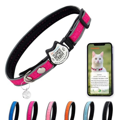 Cat Collar with Bells Reflective Cat Collars Breakaway with Oxford Cloth Soft Padding Adjustable Kitten Collar with QR Code（Hotpink） - color: Hotpink