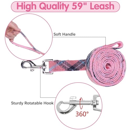 BINGPET Dog Harness Collar Leash Set,Adjustable No Pull Escape Proof Small Dog Harness,Classic Plaid Puppy Harness and Leash Set for Small Medium Large Dogs Training Easy Walk Running(Pink,S) - color: Pink Plaid, size: S(Chest Girth:14.9''-20.9'')