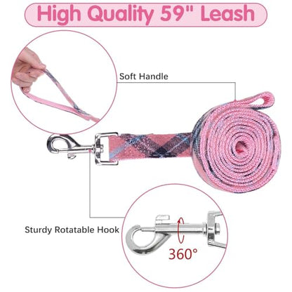 BINGPET Dog Harness Collar Leash Set,Adjustable No Pull Escape Proof Small Dog Harness,Classic Plaid Puppy Harness and Leash Set for Small Medium Large Dogs Training Easy Walk Running(Pink,S) - color: Pink Plaid, size: S(Chest Girth:14.9''-20.9'')